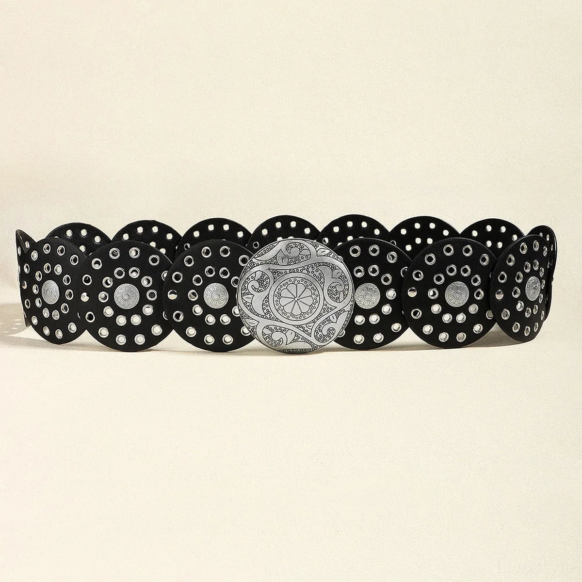 Vintage PU Leather Wide Belt with Round Metal Detail