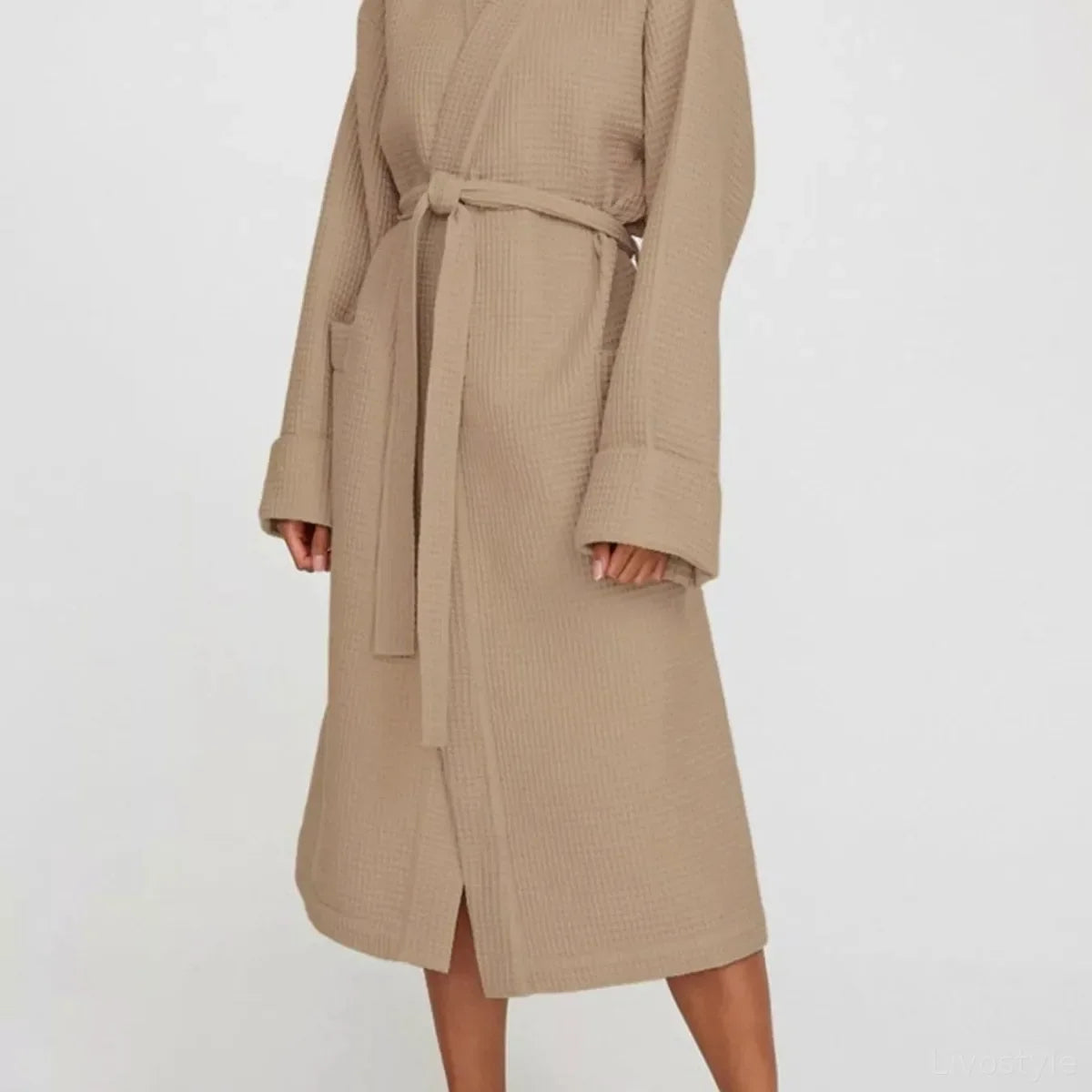 Waffle Knit Tie Waist Lounge Nightgown with Long Sleeves
