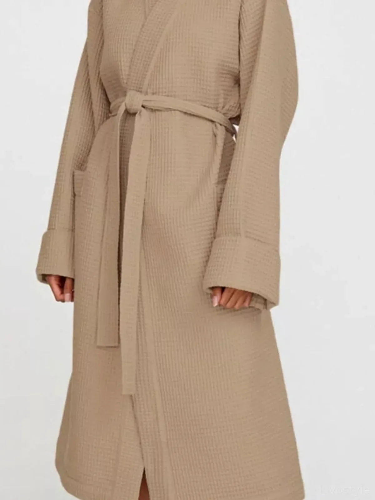 Waffle Knit Tie Waist Lounge Nightgown with Long Sleeves
