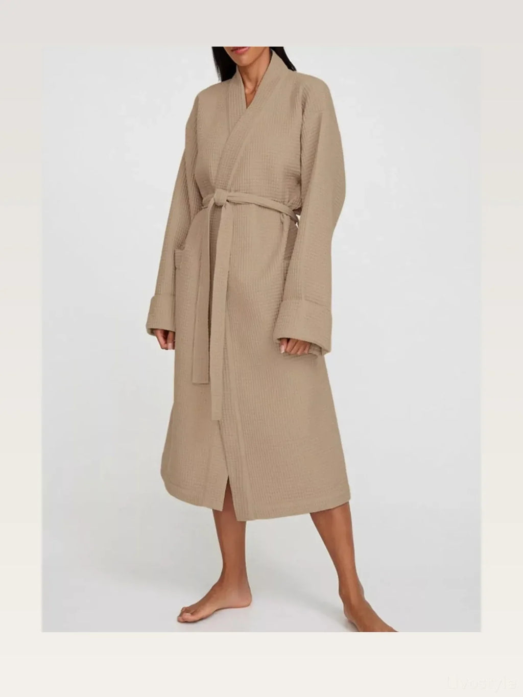 Waffle Knit Tie Waist Lounge Nightgown with Long Sleeves
