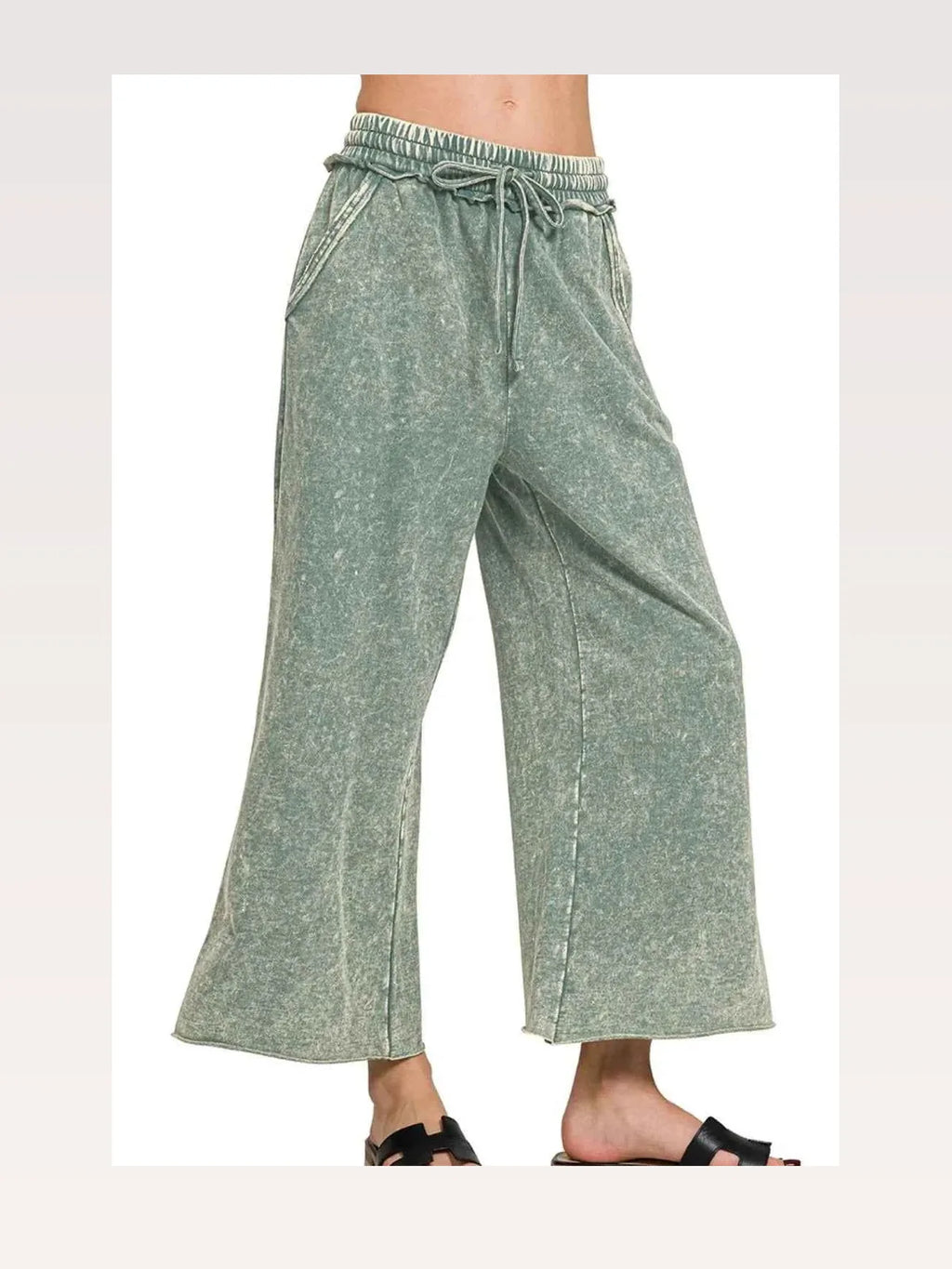 Washed French Terry Wide Leg Palazzo Pants with Pockets