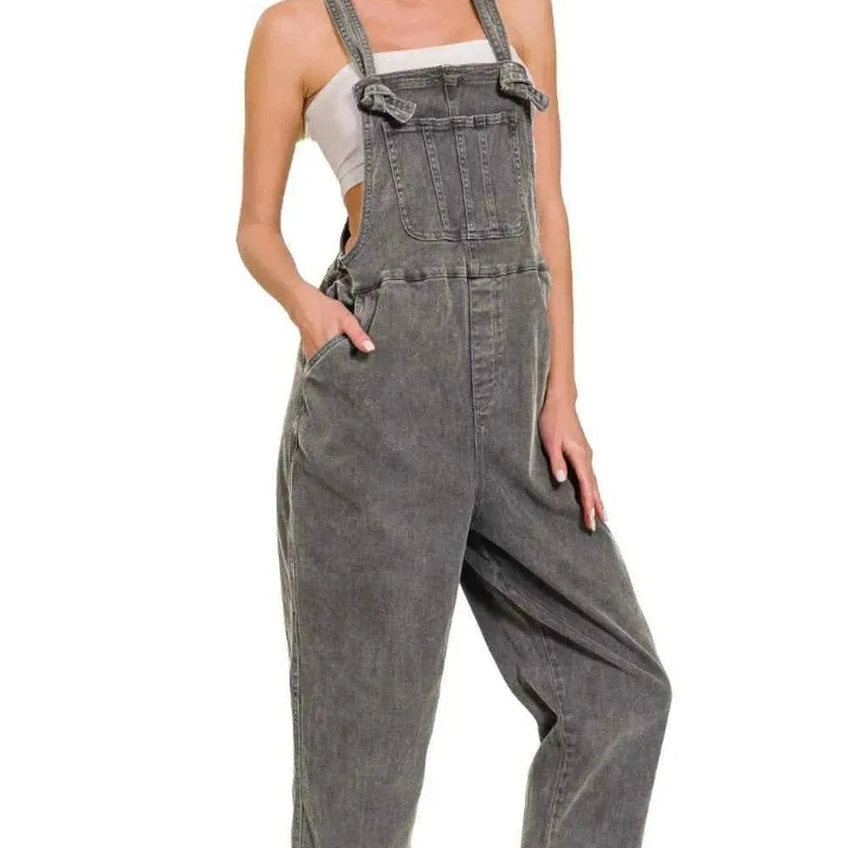 Washed Knot Strap Relaxed Fit Cropped Denim Overalls