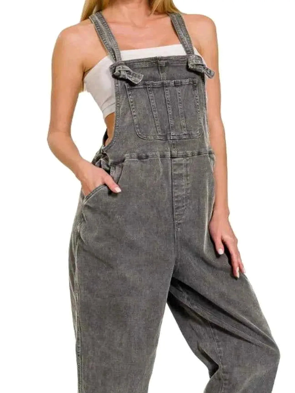 Washed Knot Strap Relaxed Fit Cropped Denim Overalls