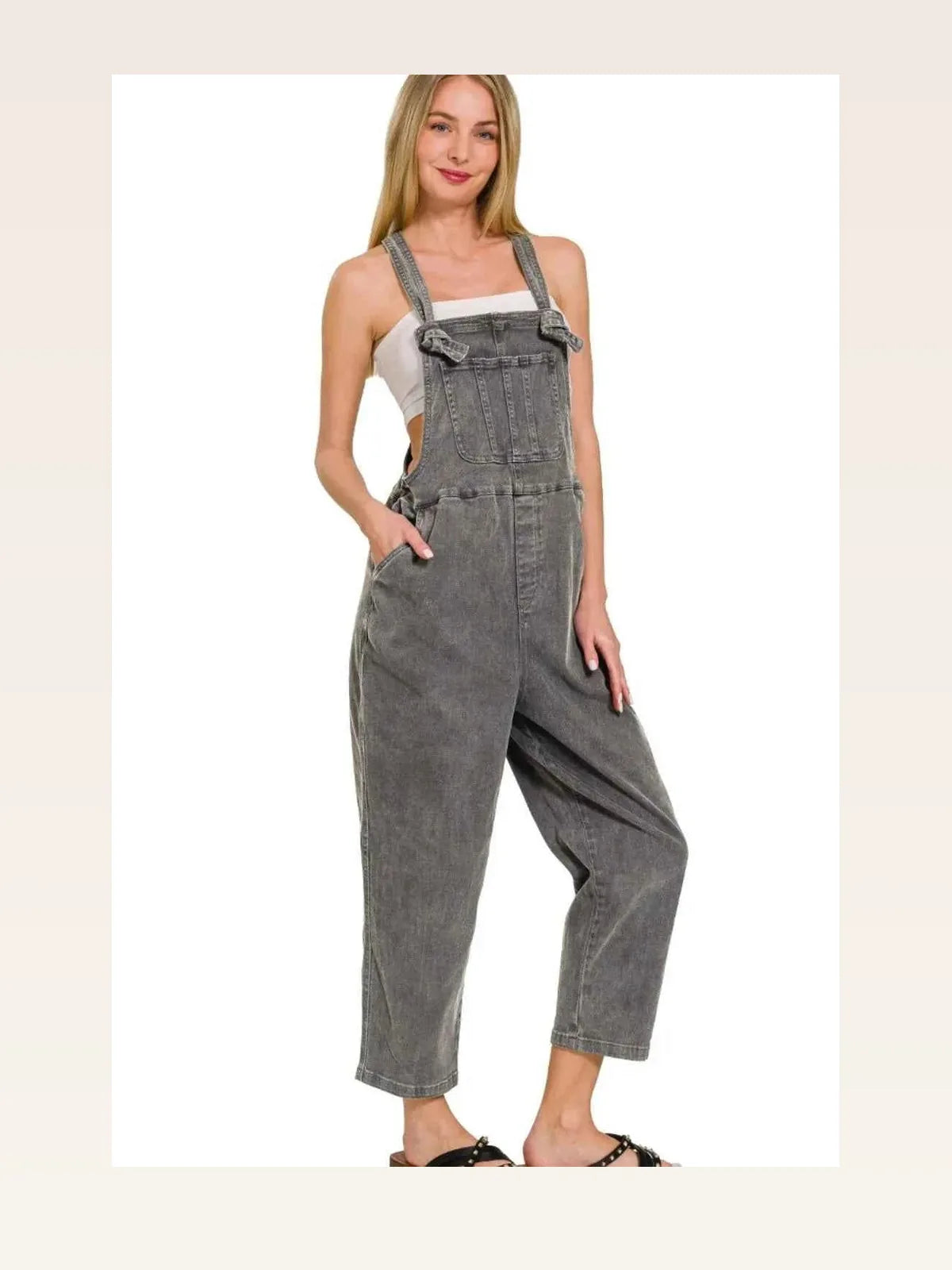 Washed Knot Strap Relaxed Fit Cropped Denim Overalls
