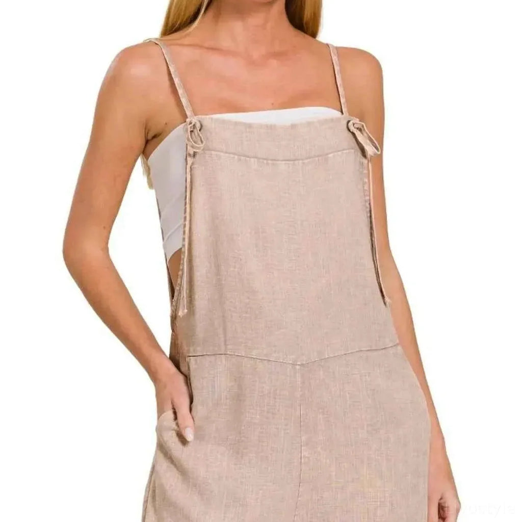Washed Linen Blend Knot Strap Romper