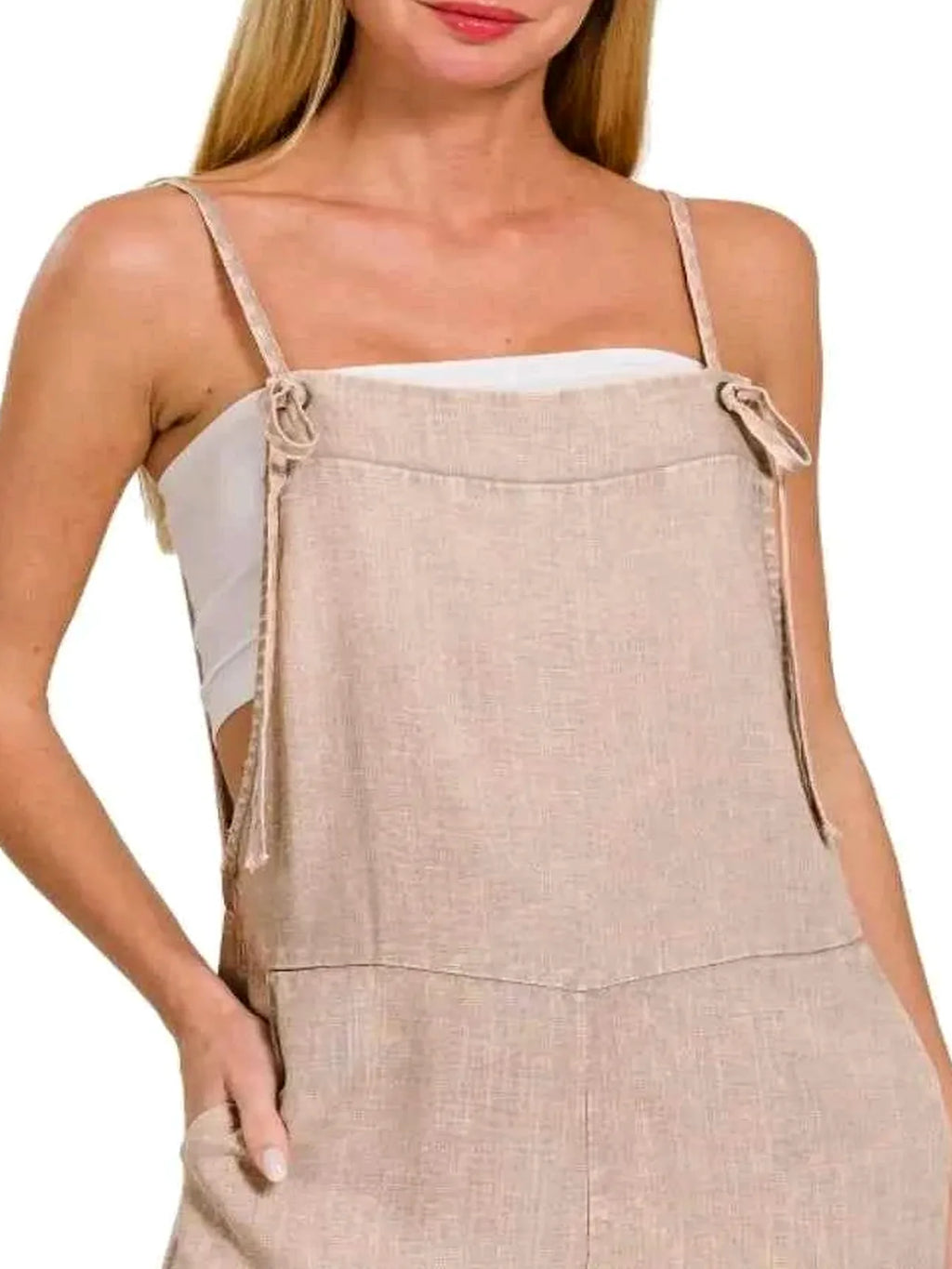 Washed Linen Blend Knot Strap Romper