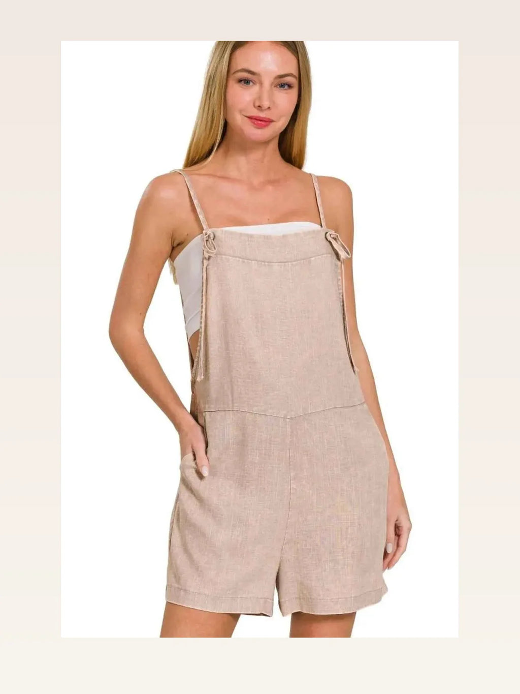 Washed Linen Blend Knot Strap Romper