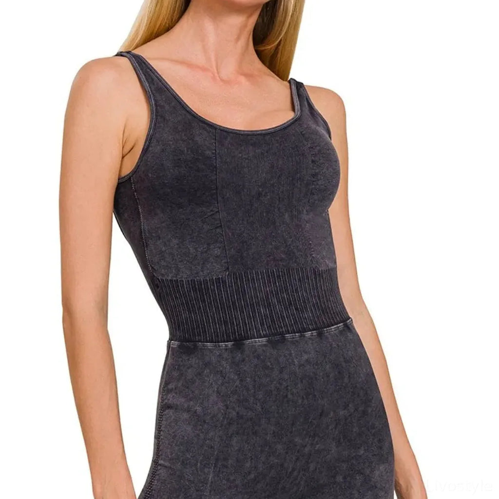 Acid Wash Ribbed Sports Romper with Removable Bra Pads