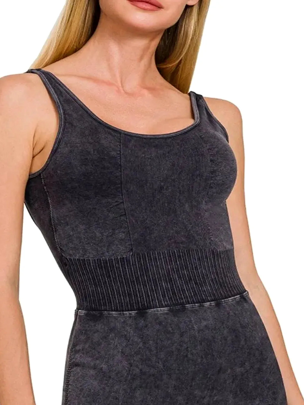 Acid Wash Ribbed Sports Romper with Removable Bra Pads