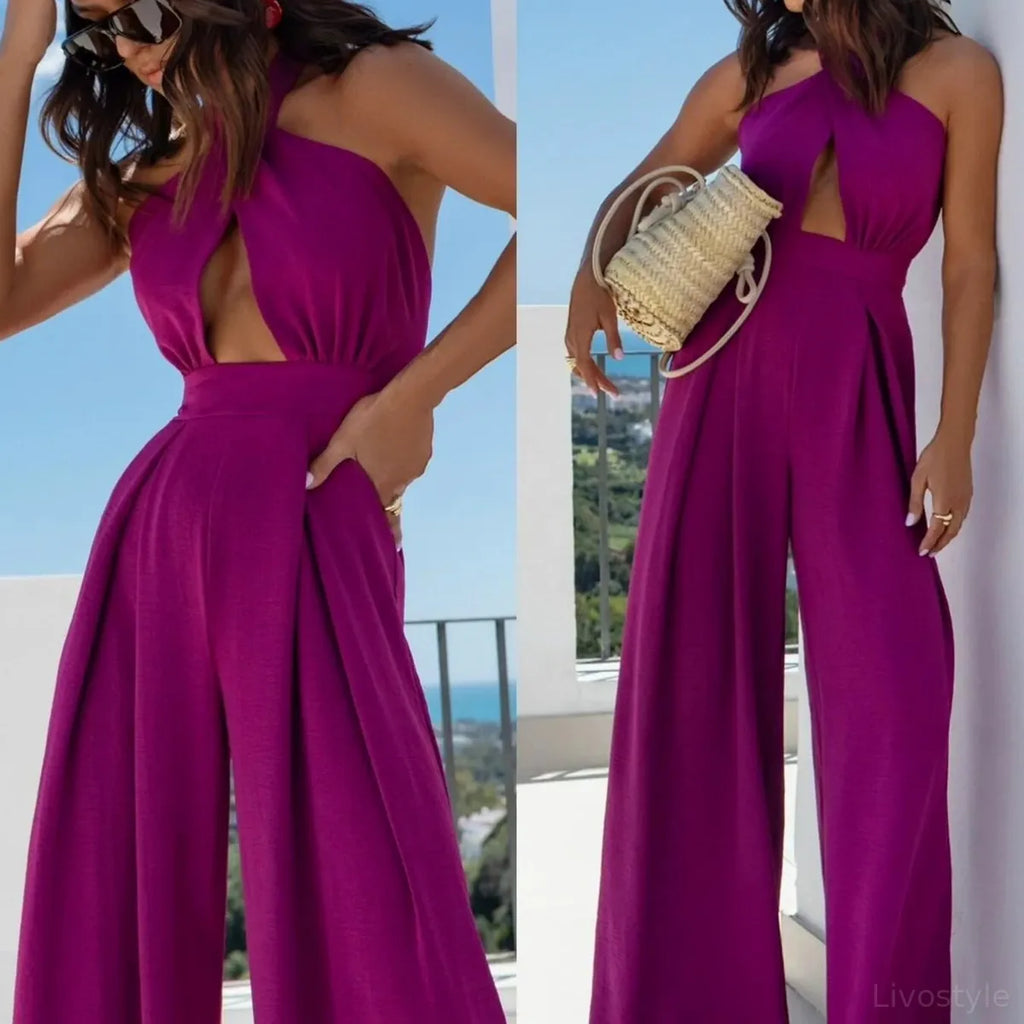 Wide Leg Cutout Halter Neck Jumpsuit