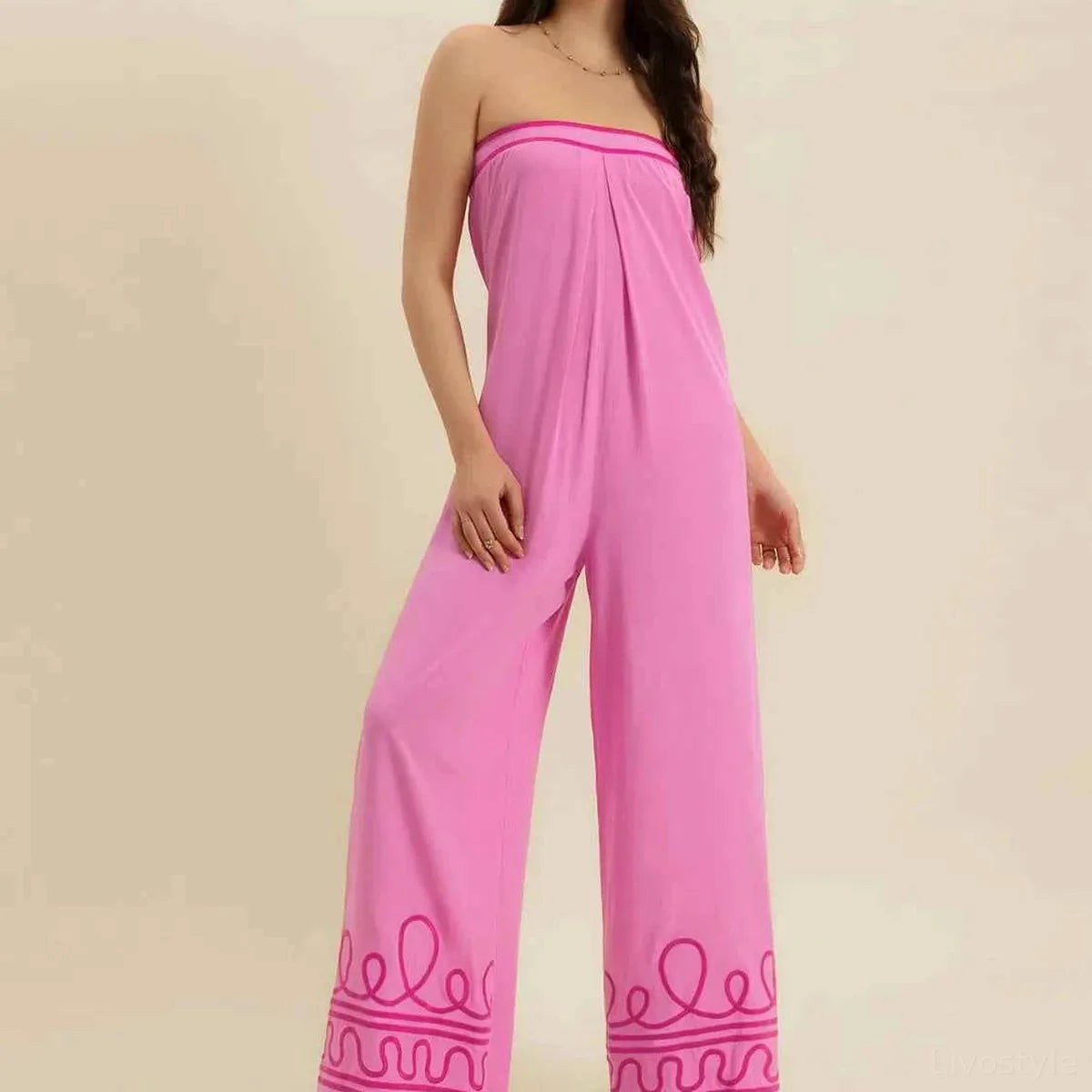 Wide Leg Strapless Tube Jumpsuit with Printed Hem