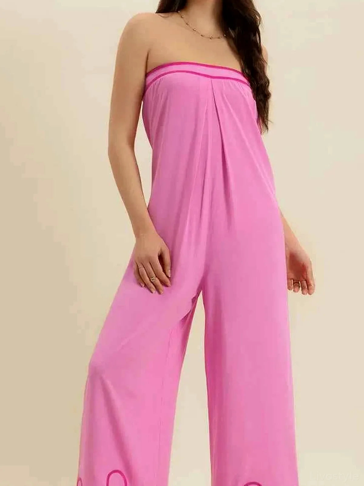 Wide Leg Strapless Tube Jumpsuit with Printed Hem
