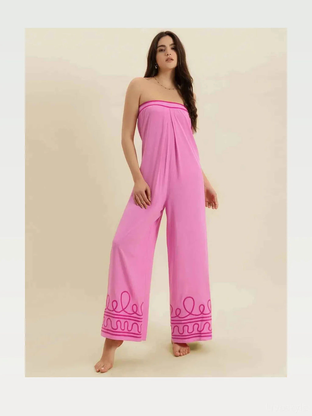 Wide Leg Strapless Tube Jumpsuit with Printed Hem