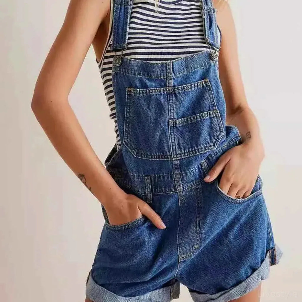 Medium Blue Striped Wide Strap Denim Short Overalls