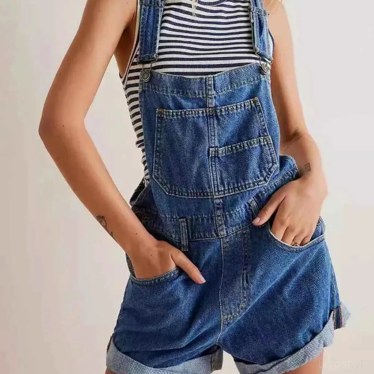 Medium Blue Striped Wide Strap Denim Short Overalls