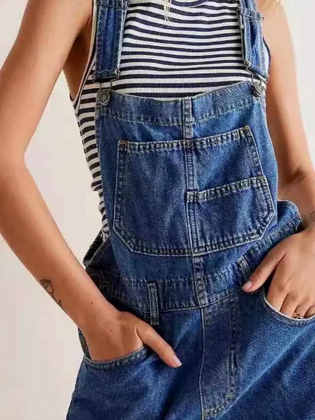 Medium Blue Striped Wide Strap Denim Short Overalls