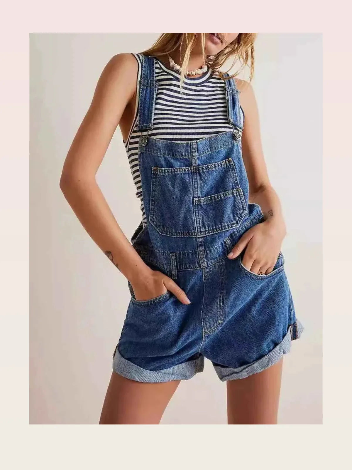 Medium Blue Striped Wide Strap Denim Short Overalls
