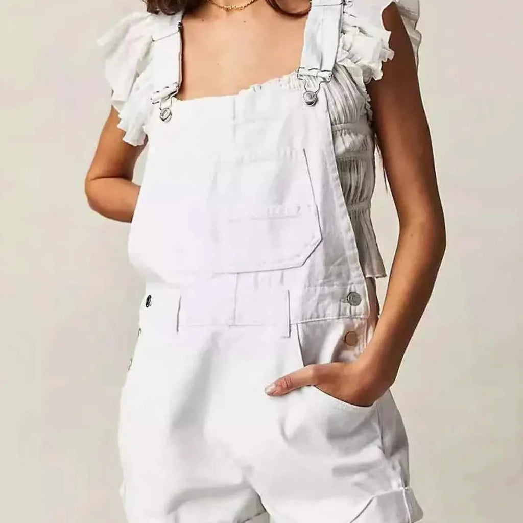 White Ruffle Sleeve Wide Strap Denim Short Overalls