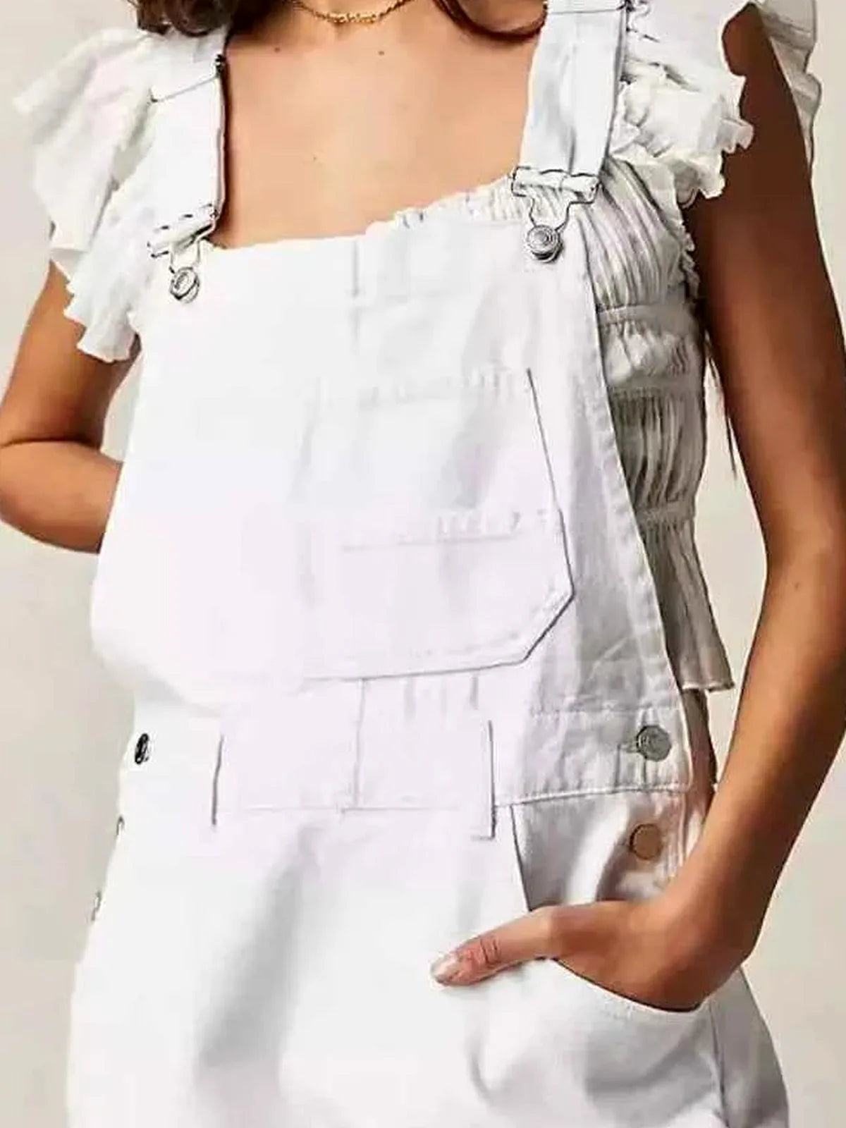 White Ruffle Sleeve Wide Strap Denim Short Overalls