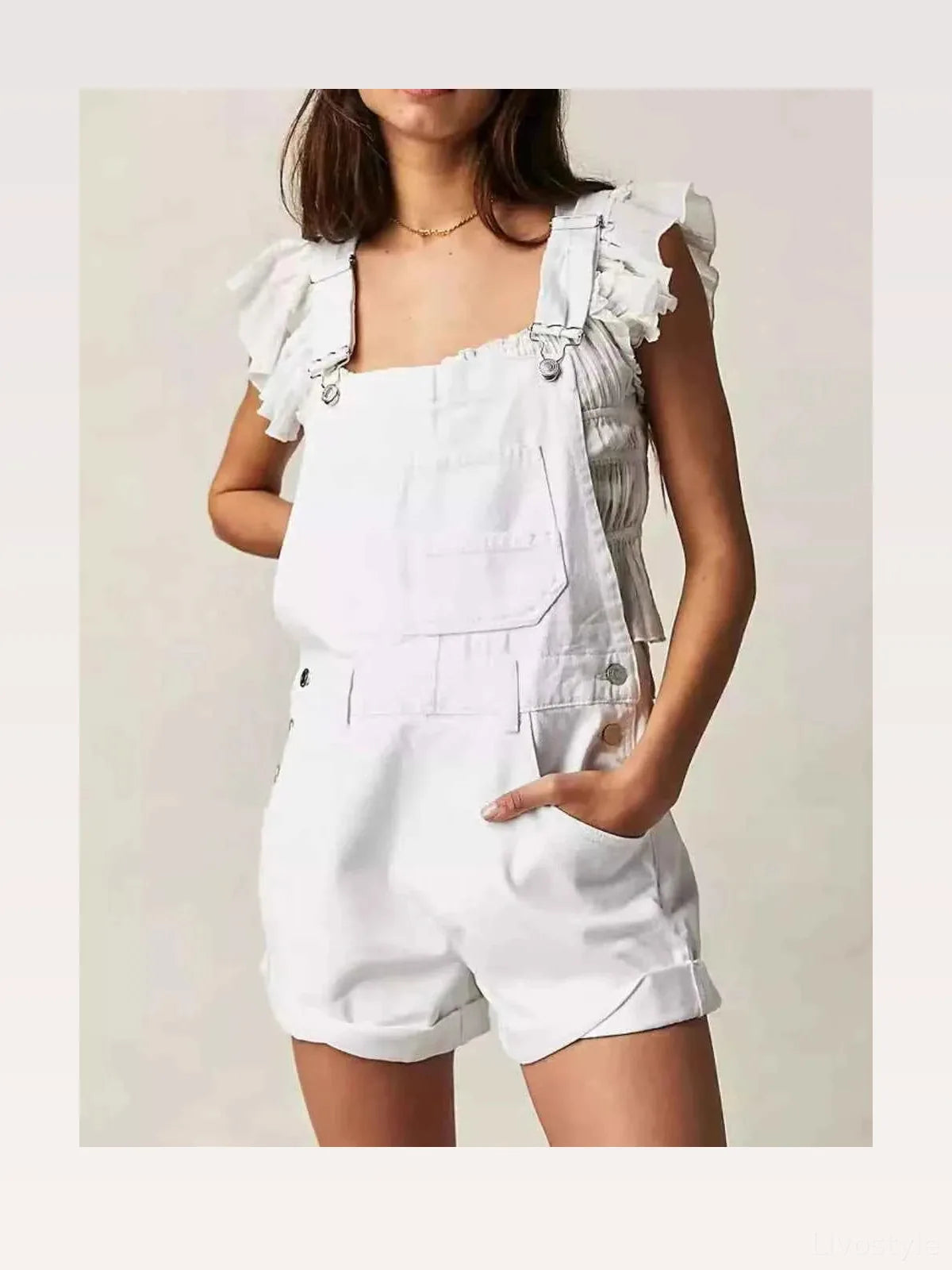 White Ruffle Sleeve Wide Strap Denim Short Overalls