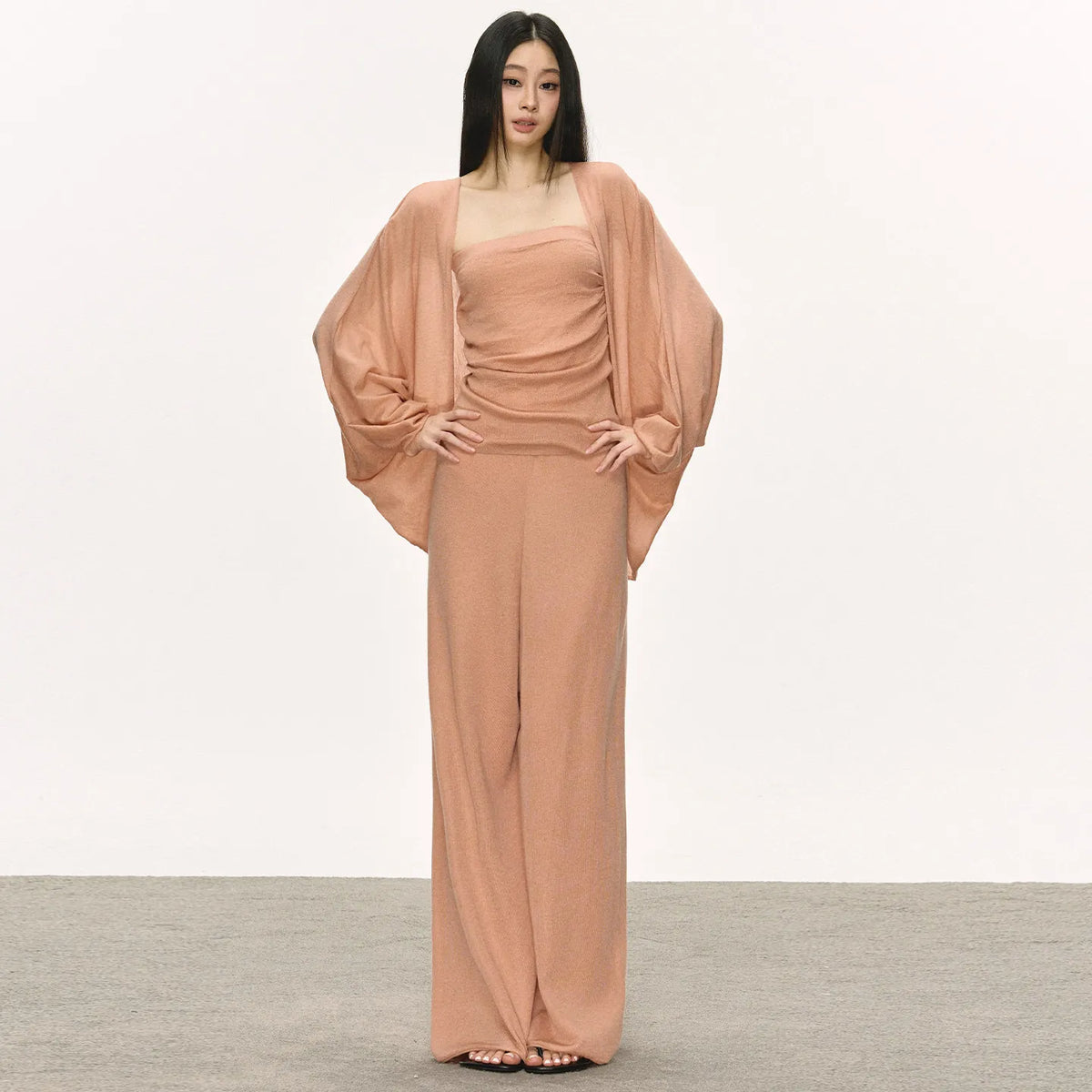Women's Cardigan Tube Top and Wide-Leg Pants Three-Piece Set