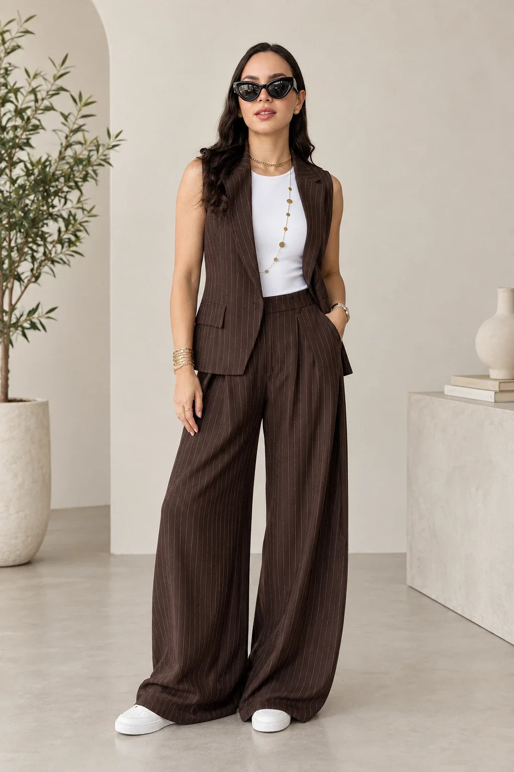 Women's Casual Linen Vest and Pants Two-Piece Set