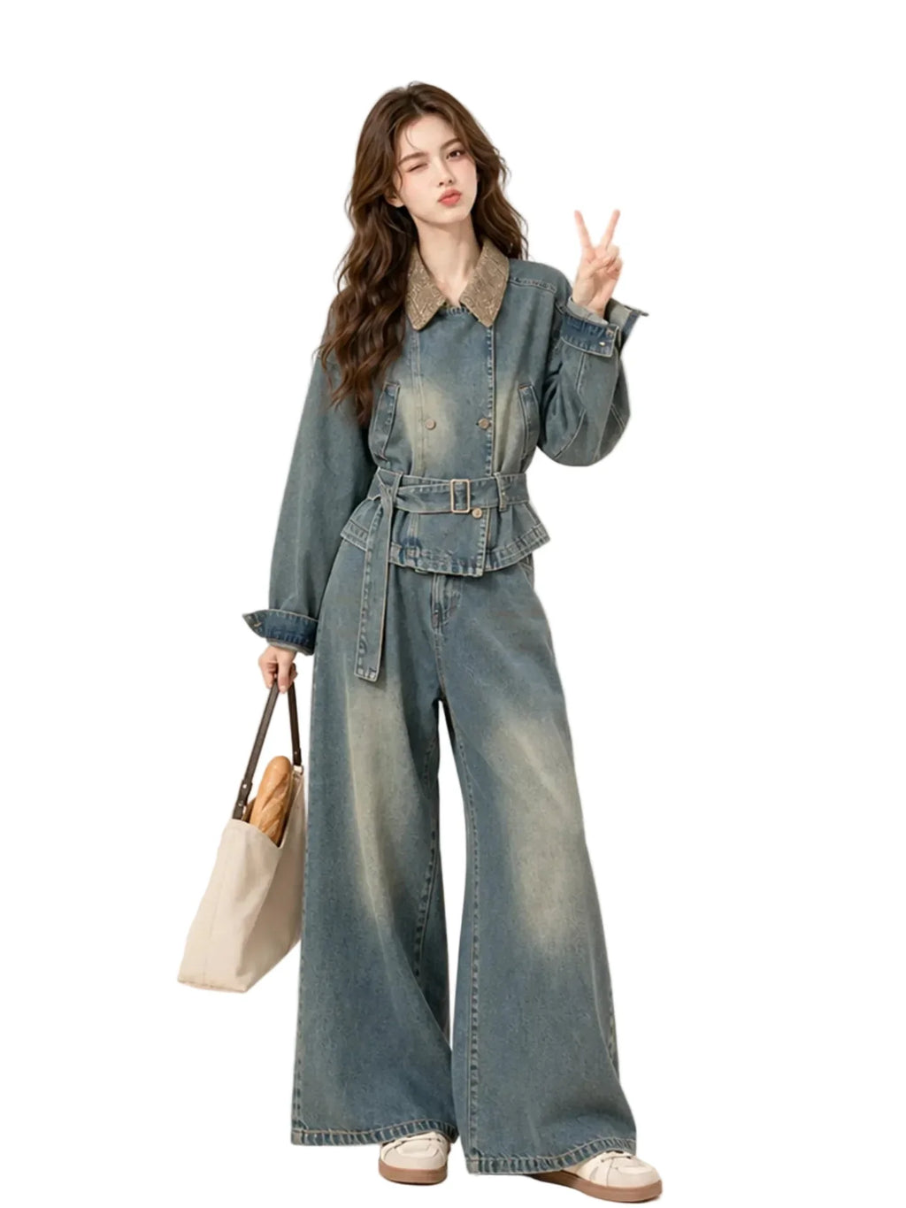 Women's Casual Retro Denim Jacket and High Waist Trousers Set