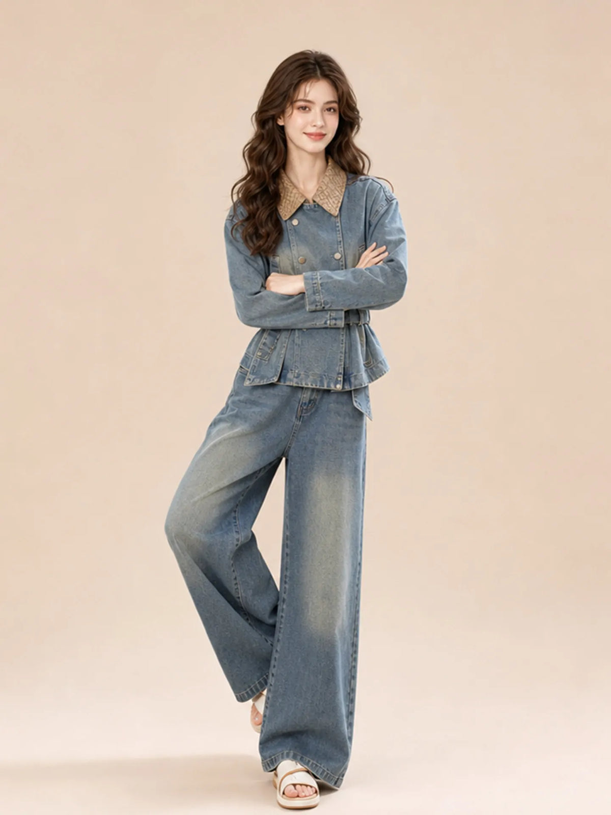 Women's Casual Retro Denim Jacket and High Waist Trousers Set