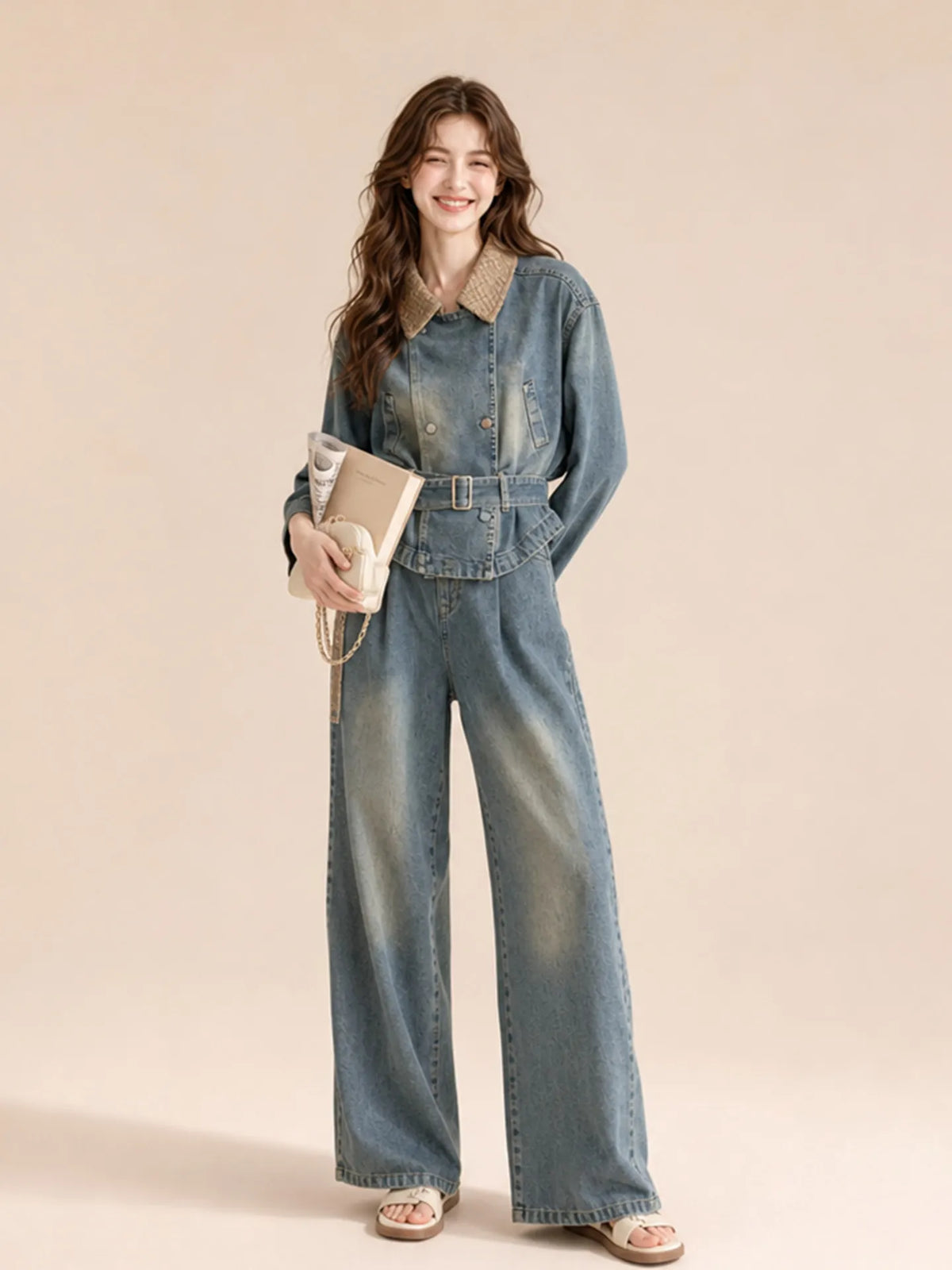 Women's Casual Retro Denim Jacket and High Waist Trousers Set