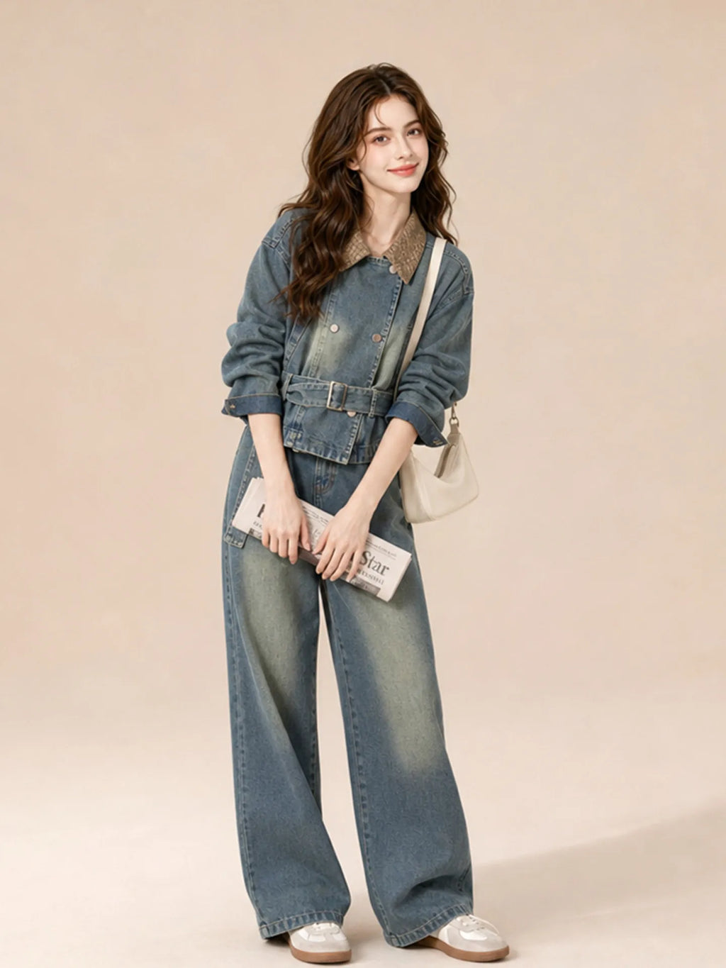 Women's Casual Retro Denim Jacket and High Waist Trousers Set