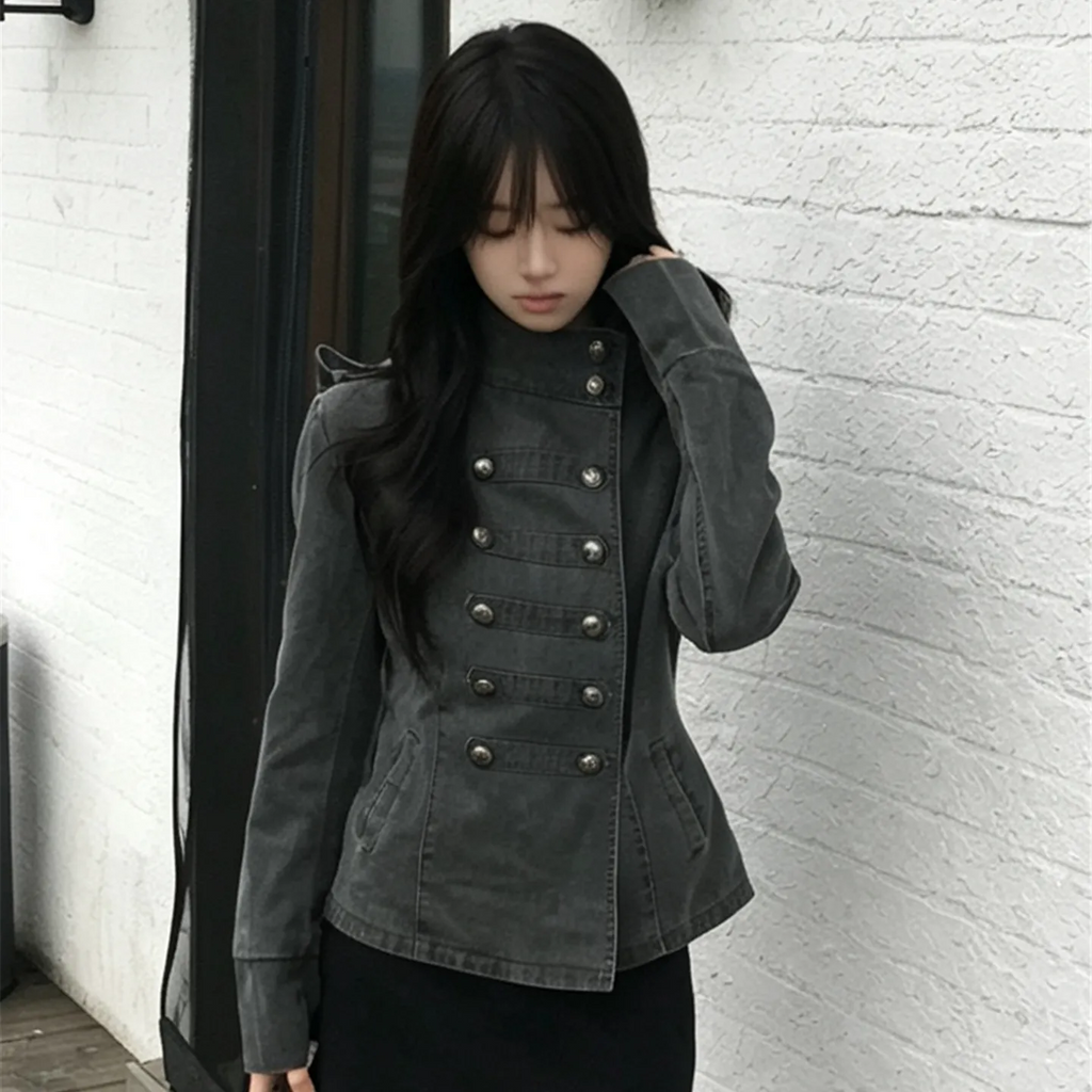 Women's Casual Retro Denim Short Double-Breasted Jacket