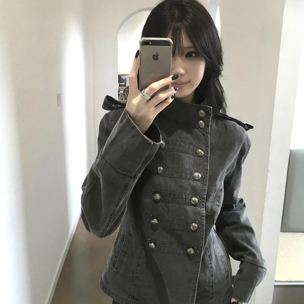 Women's Casual Retro Denim Short Double-Breasted Jacket