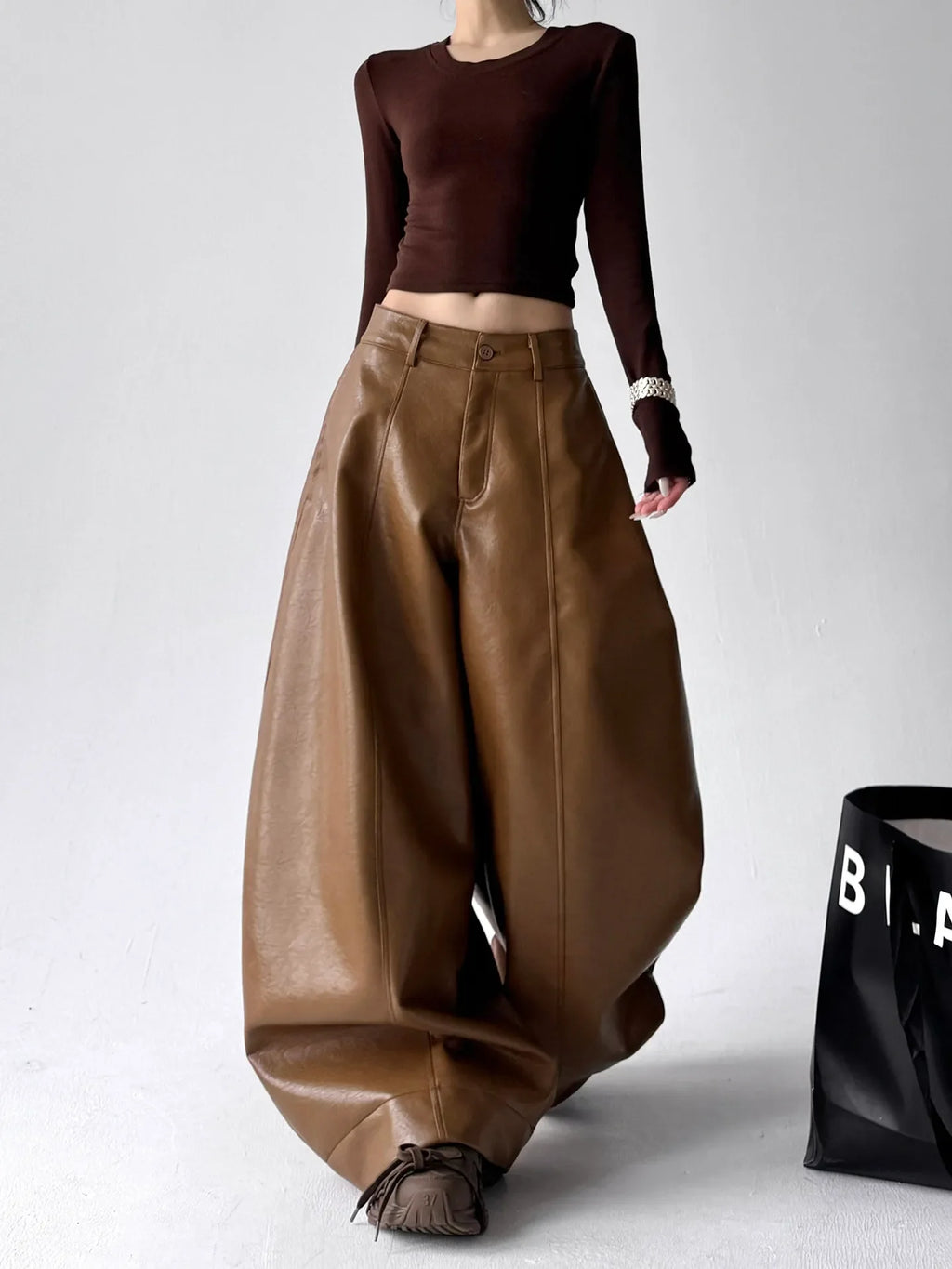 Women's Casual Retro PU Loose Straight Trousers
