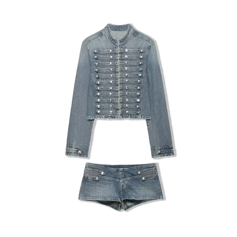 Women's Denim 2 Piece Set Stand Collar Cropped Jacket Shorts Outfit