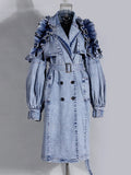 Women's Double Breasted Denim Ruffle Trench Coat Windbreaker Jacket