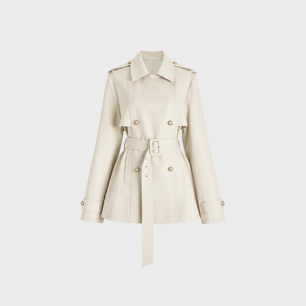 Women's Double-Breasted Short Trench Coat with Tie-Up Belt