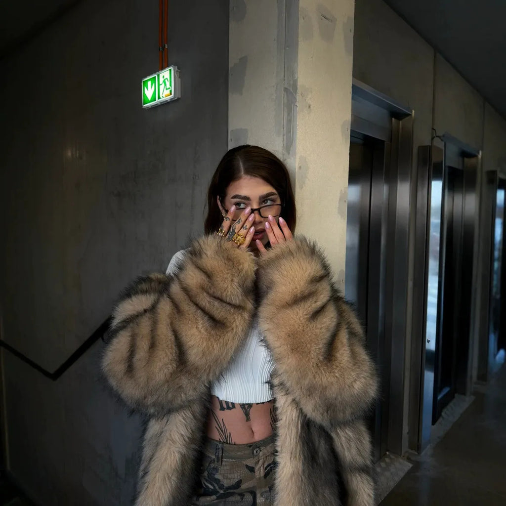 Women's Faux Fox Fur Lapel Collar Maxi Trench Coat
