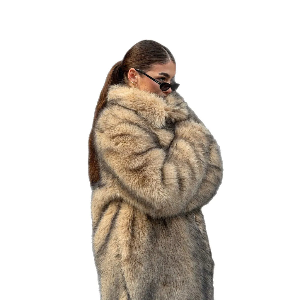 Women's Faux Fox Fur Lapel Collar Maxi Trench Coat