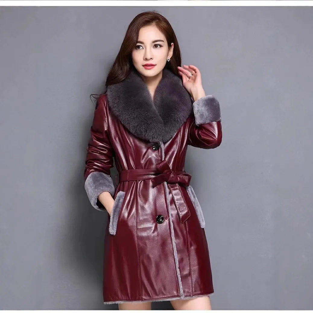 Women's Fleece Lapel Collar Long Trench Coat Jacket