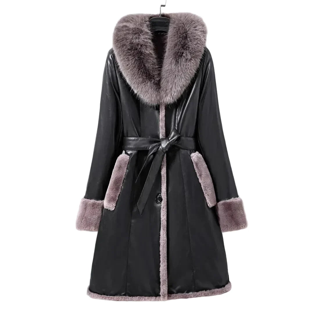 Women's Fleece Lapel Collar Long Trench Coat Jacket