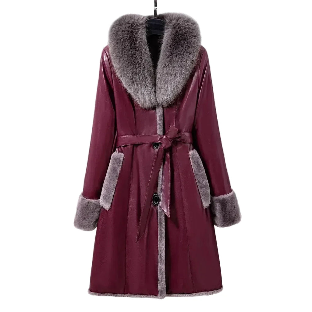 Women's Fleece Lapel Collar Long Trench Coat Jacket