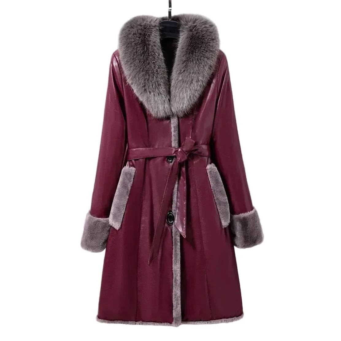 Women's Fleece Lapel Collar Long Trench Coat Jacket