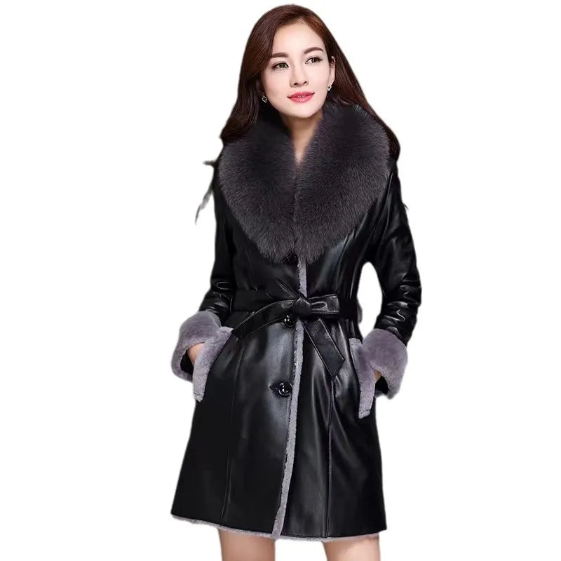 Women's Fleece Lapel Collar Long Trench Coat Jacket