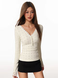 Women's Hollow Out Lace V-Neck Long Sleeve Slim Fit Top