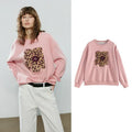 Women's Leopard Print Appliqué Flower Pullover Sweatshirt