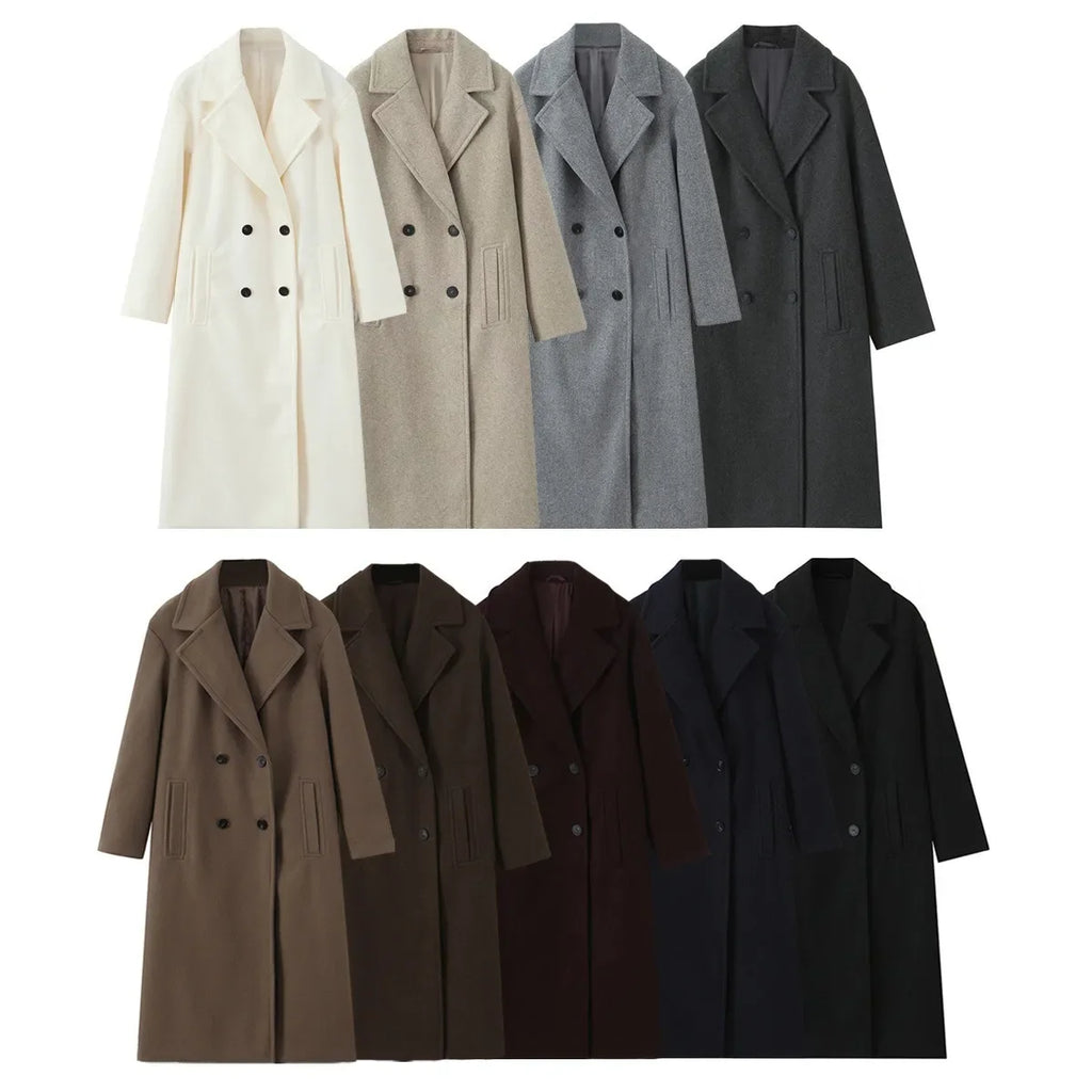 Women's Loose Fit Double-Breasted Long Woolen Coat
