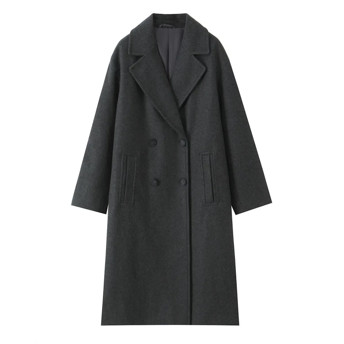 Women's Loose Fit Double-Breasted Long Woolen Coat