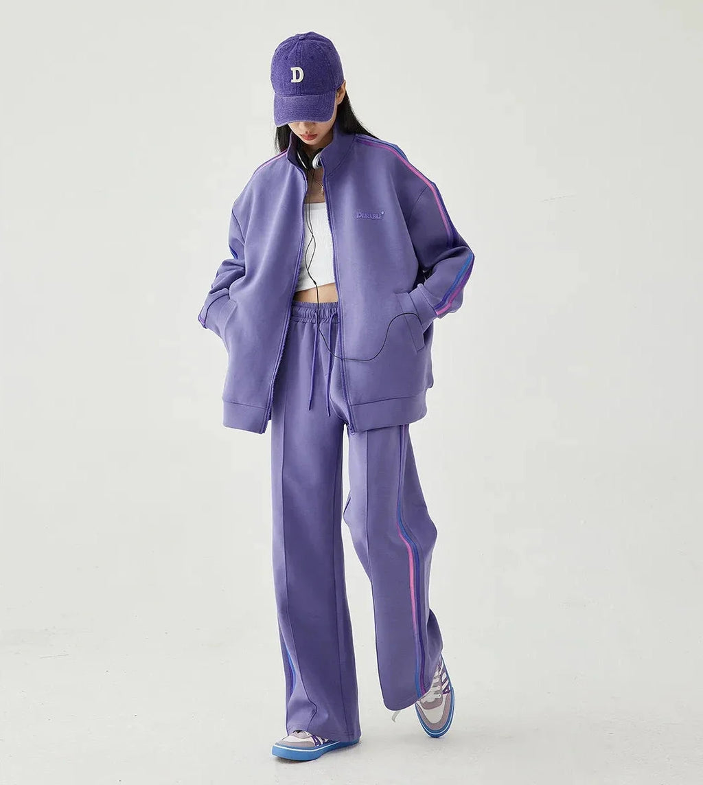 Women's Loose Fit Hooded Zipper Jacket and Straight Trousers Set
