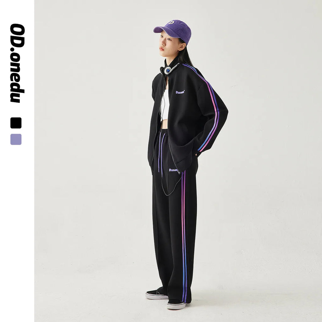 Women's Loose Fit Hooded Zipper Jacket and Straight Trousers Set