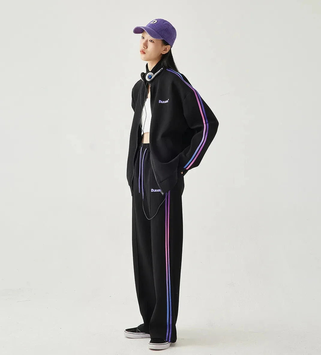 Women's Loose Fit Hooded Zipper Jacket and Straight Trousers Set